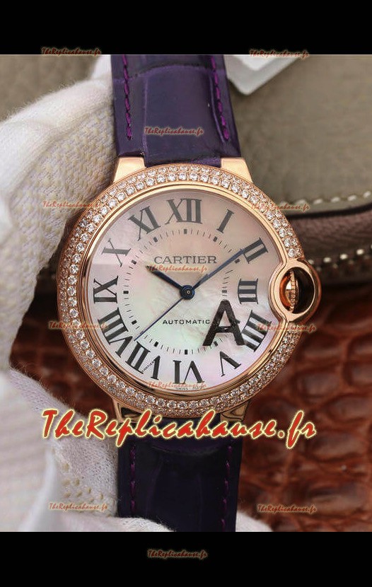 Montre "Ballon De Cartier" Suisse Automatique 1:1 Qualité Miroir 36MM dans un boîtier en or rose à bracelet violet