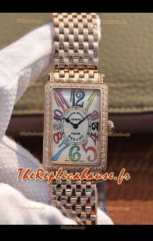 Montre Franck Muller Long Island Montre suisse en or rose avec mouvement à quartz lunette en diamants