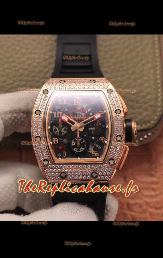 Montre Richard Mille RM011 Felipe Massa 1:1 Qualité Miroir Une Pièce Céramique Noire Or Rose Diamants 