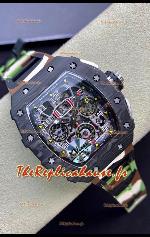 Montre Richard Mille RM011 Felipe Massa 1:1 Qualité Miroir Boîtier une pièce Carbone Forgé Noir avec Bracelet CAMO