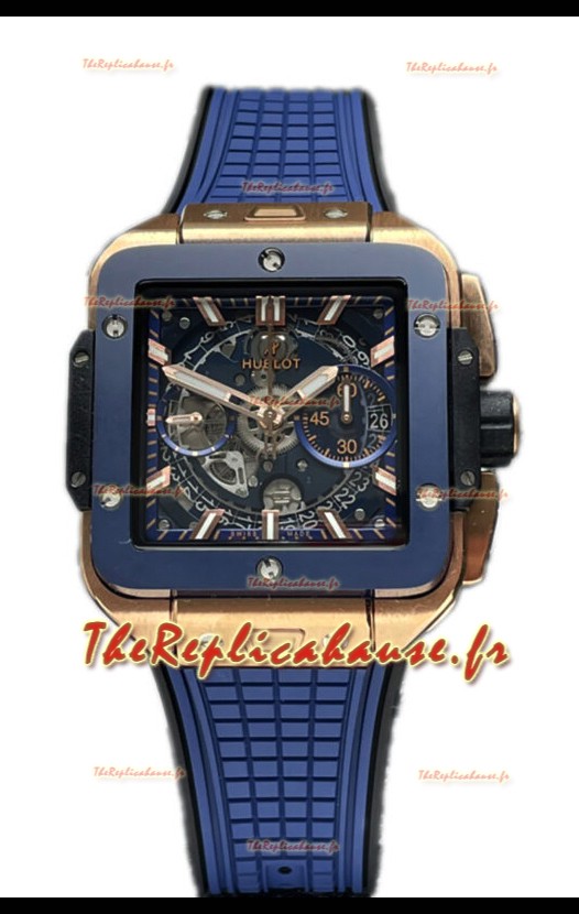 Hublot Square Bang Unico Montre chronographe en or rose et céramique bleue réplique 1:1
