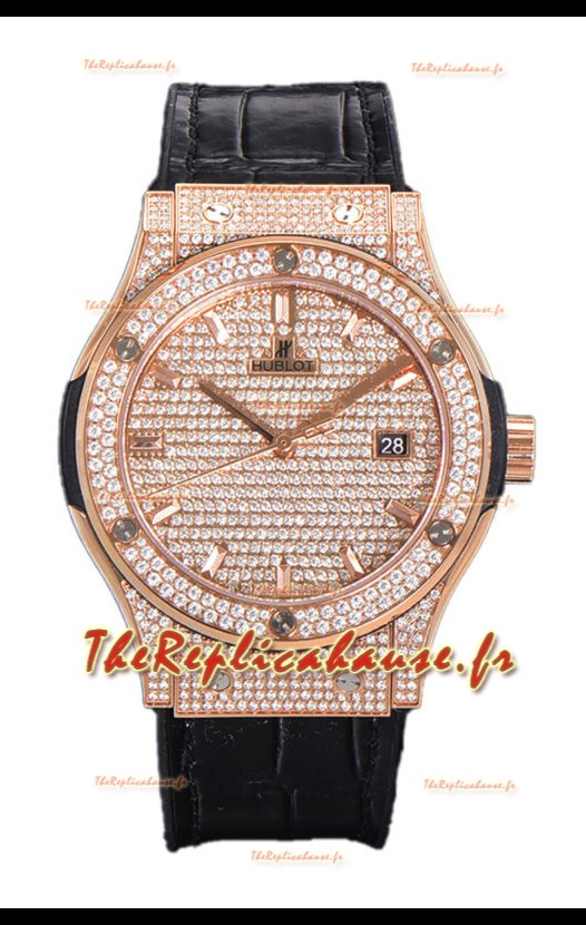 Hublot Classic Fusion Automatic Cadran Pavé Or Rose Diamants Bracelet Gris 42MM Réplique Montre Superclone 