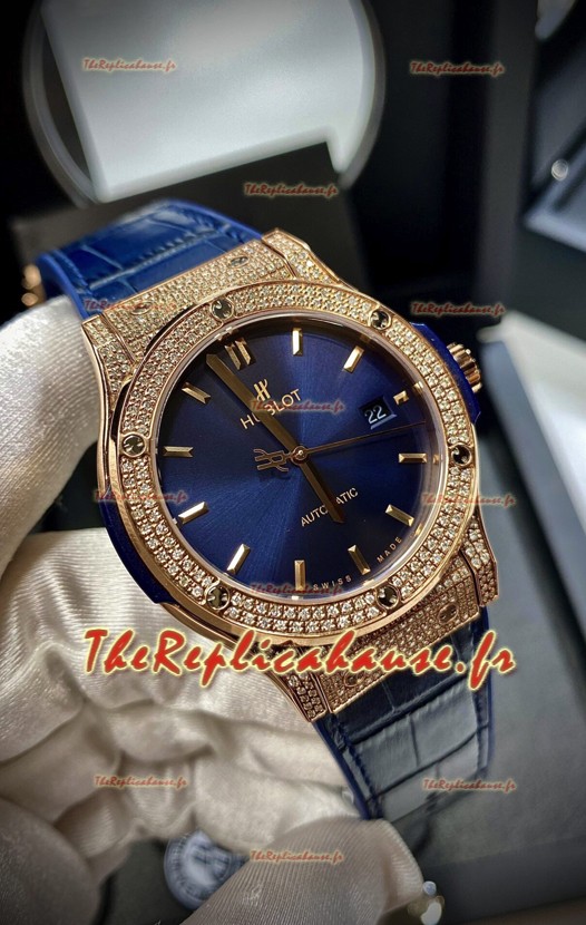 Hublot Classic Fusion Diamants Or Rose Acier Cadran Bleu Réplique Montre Suisse 1:1