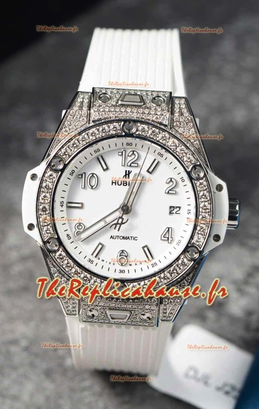 Hublot Big Bang One Click Mossanites Boîtier Pavé Réplique Montre Suisse Cadran Blanc