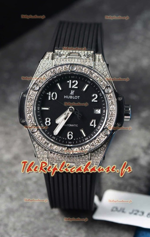 Hublot Big Bang One Click Mossanites Boîtier sertie Réplique Montre Suisse Cadran Noir