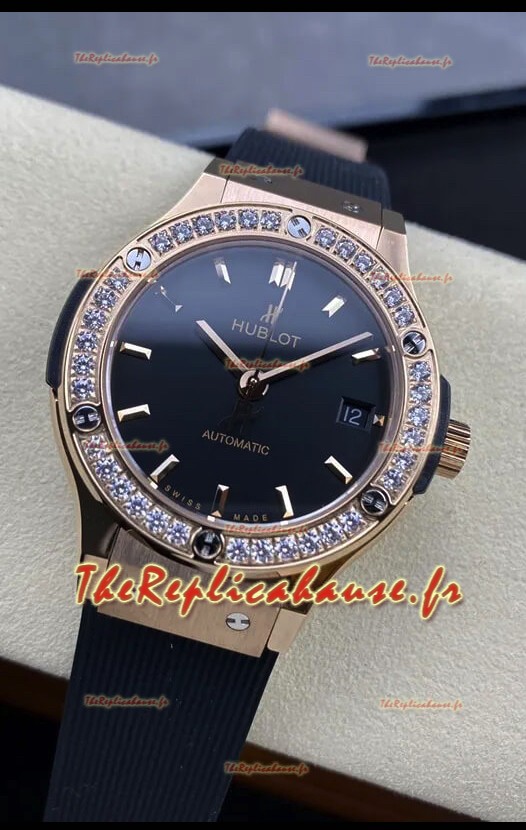 Hublot Classic Fusion Réplique de Montre Suisse miroir 1:1 en Or Rose Boîtier Acier 904L Cadran Noir 38MM