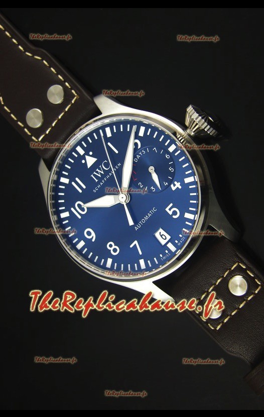 IWC Big Pilot IW500901 – Cadran Bleu et Bracelet Marron avec Réserve de Batterie Fonctionnelle 1:1 Montre Miroir