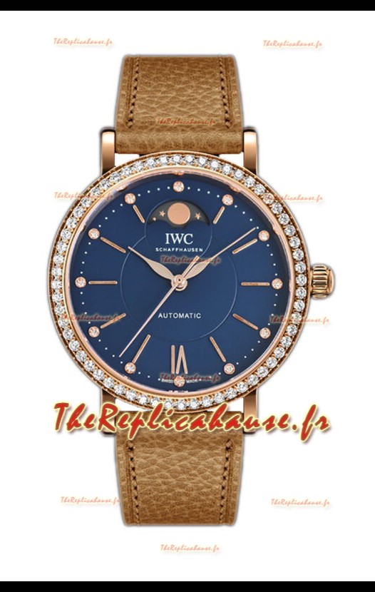IWC Portofino IW6596 Montre automatique phase de lune en or rose avec cadran bleu 37MM