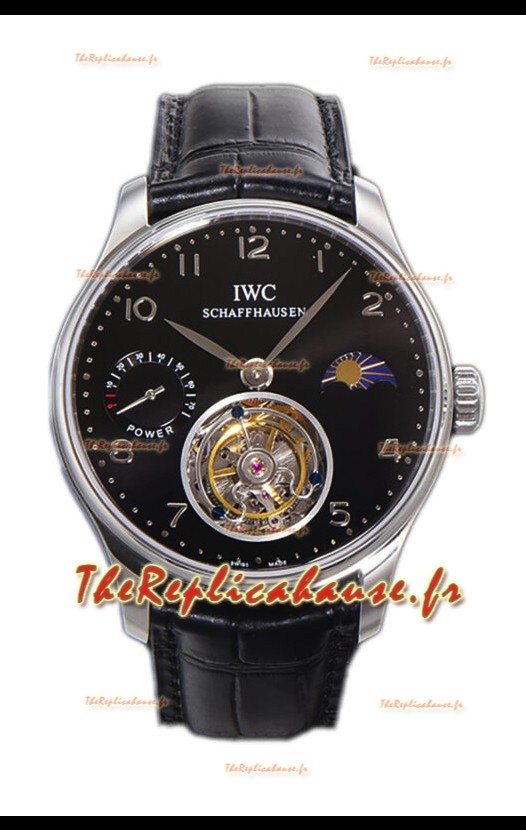 IWC Portugese Hand-Wound Genuine Tourbillon Cadran noir Boîtier acier Montre Suisse Réplique 