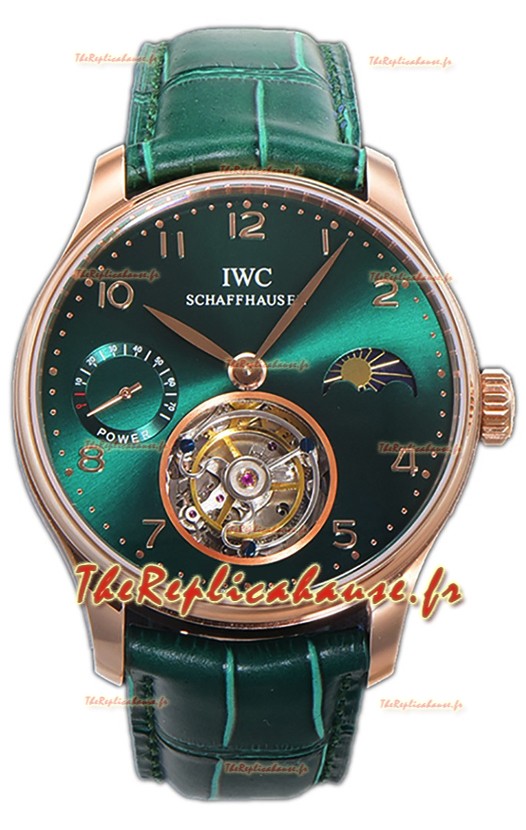IWC Portugese Hand-Wound Genuine Tourbillon Cadran vert Boîtier or rose Montre Suisse Réplique 