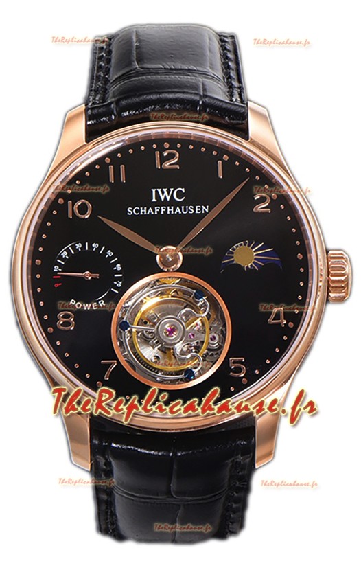IWC Portugese Hand-Wound Genuine Tourbillon Cadran noir Boîtier or rose Montre Suisse Réplique 