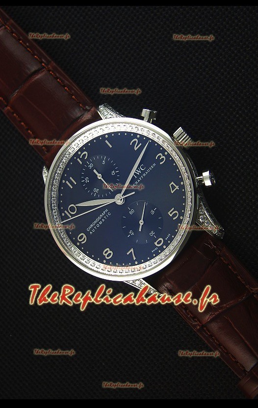 IWC Portuguese Chronograph - Cadran Noir aux Diamants, Sangle Brune Montre Réplique Miroir 1:1