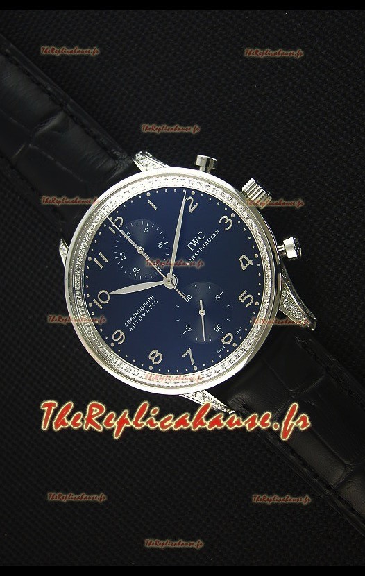 IWC Portuguese Chronograph - Cadran Noir aux Diamants, Sangle Noire Montre Réplique Miroir 1:1
