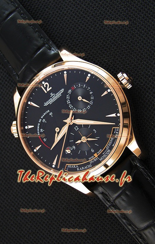 Montre Jaeger LeCoultre Master Geographic Suisse Réplique Boîtier de réserve de batterie rose or , Cadran Noir 
