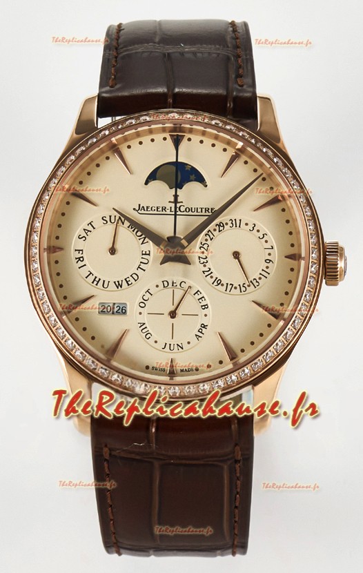 Jaeger LeCoultre Super Clone Master Calendrier Perpétuel Ultra-fin Cadran Crème Lunette en Diamants
