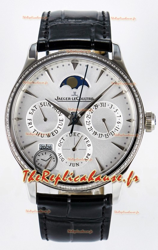 Montre Jaeger LeCoultre Super Clone Master Calendrier Perpétuel Ultra Fin Cadran Blanc Diamants