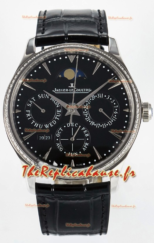 Montre Jaeger LeCoultre Super Clone Master Calendrier perpétuel Ultra-fin Cadran noir Diamants