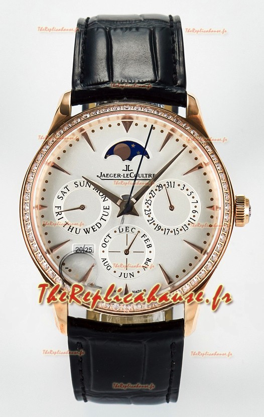 Montre Jaeger LeCoultre Super Clone Master Calendrier perpétuel Ultra-fin Cadran Blanc Lunette Diamants
