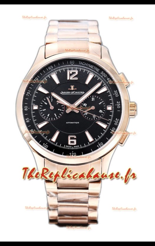 Jaeger LeCoultre Polaris Chronographe Boîtier Or Rose Cadran Noir Réplique Montre Suisse 