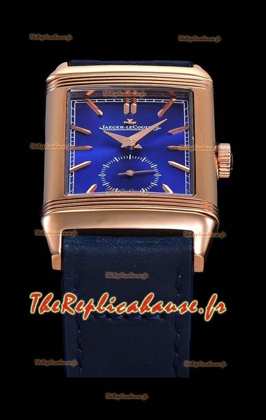 Montre Jaeger LeCoultre Reverso Réplique Suisse avec boîtier or rose - cadran bleu 