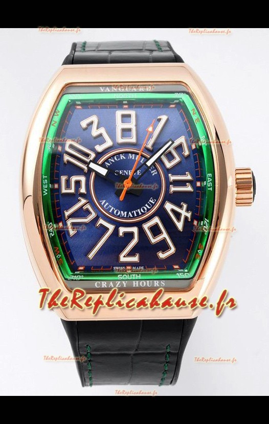 Franck Muller Vanguard Crazy Hours en plaqué or rose - Acier Cadran Bleu Réplique Suisse 