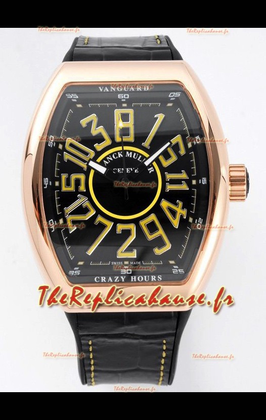 Franck Muller Vanguard Crazy Hours en plaqué or rose - Cadran noir Réplique Suisse 