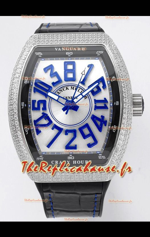Franck Muller Vanguard Crazy Hours en acier inoxydable diamants - Cadran blanc Réplique Suisse 