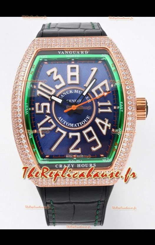 Franck Muller Vanguard Crazy Hours en or rose diamants - acier cadran bleu Réplique Suisse 