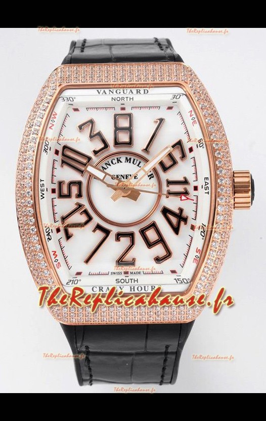 Franck Muller Vanguard Crazy Hours Or Rose Diamants - Cadran Blanc Réplique Suisse 