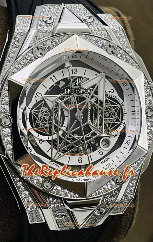 Hublot Big Bang UNICO Sang Bleu II Acier Inoxydable Diamants Réplique Suisse Qualité Miroir 1:1 