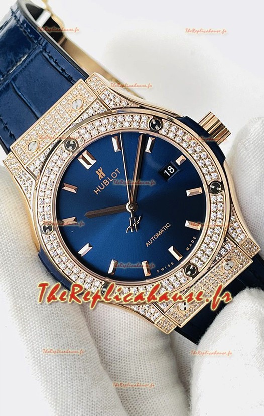 Hublot Classic Fusion Diamants Or Rose Acier Cadran Bleu Réplique Montre Suisse Qualité Miroir 1:1 
