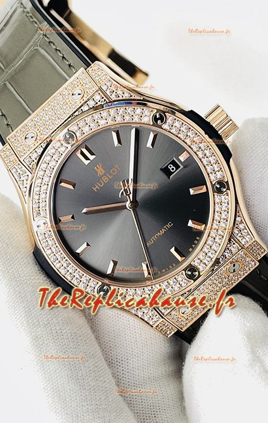Hublot Classic Fusion Or Rose Diamants Cadran Gris Réplique Suisse 1:1 Qualité Miroir 
