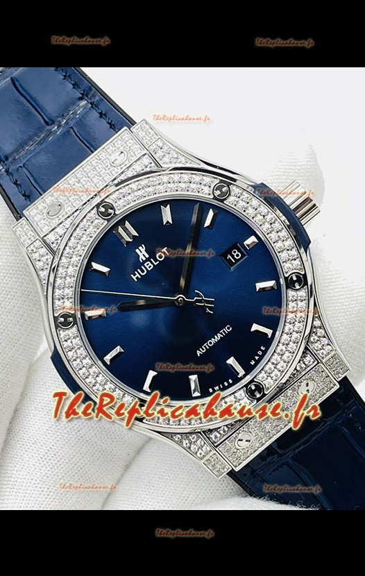 Hublot Classic Fusion Acier inoxydable Diamants Cadran Bleu Réplique Suisse Montre 1:1 Qualité Miroir 