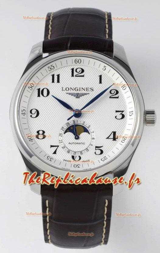 Longines Master Collection Chronographe Automatique Phases de Lune Cadran Blanc Réplique Suisse Bracelet Cuir