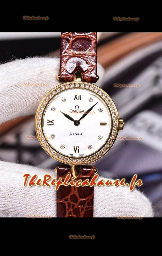 Omega De Ville Prestige - Montre suisse à quartz, édition Dewdrop, bracelet marron en or rose