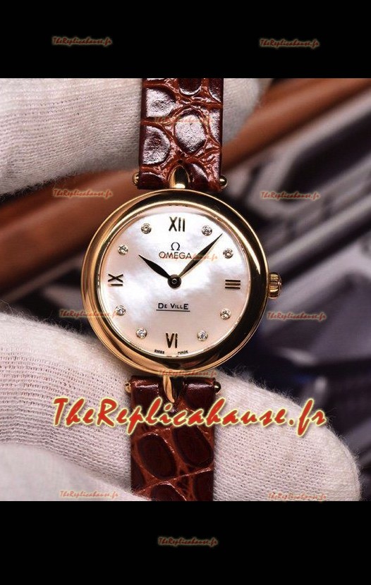 Omega De Ville Prestige - Montre suisse à quartz, édition Dewdrop, bracelet en or rose marron