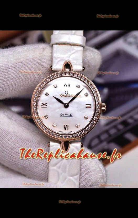 Omega De Ville Prestige - Montre suisse à quartz, édition Dewdrop, bracelet en or rose blanc