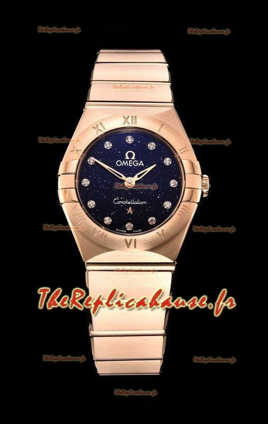 Omega Constellation Ladies Swiss Quartz Réplique 1:1 Miroir - Boîtier en or rose et cadran noir étoilé 