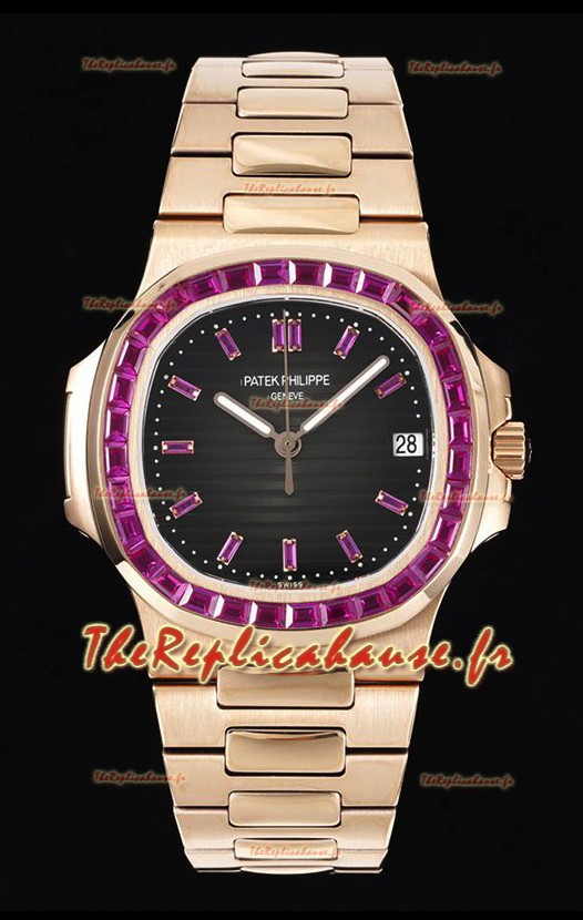 Patek Philippe Nautilus 5711 Cadran Noir Réplique Miroir 1:1 en Or Rose Acier 904L avec Lunette Rubis