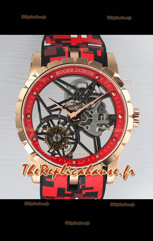 Roger Dubuis Excalibur Spider Flying Tourbillon Squelette Boîtier Or Rose 42MM 1:1 Miroir Montre Suisse