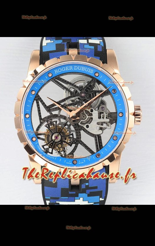 Roger Dubuis Excalibur Spider Flying Tourbillon Squelette Boîtier Or Rose 42MM 1:1 Miroir Montre Suisse