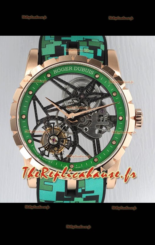 Roger Dubuis Excalibur Spider Flying Tourbillon Squelette Boîtier Or Rose 42MM 1:1 Miroir Montre Suisse
