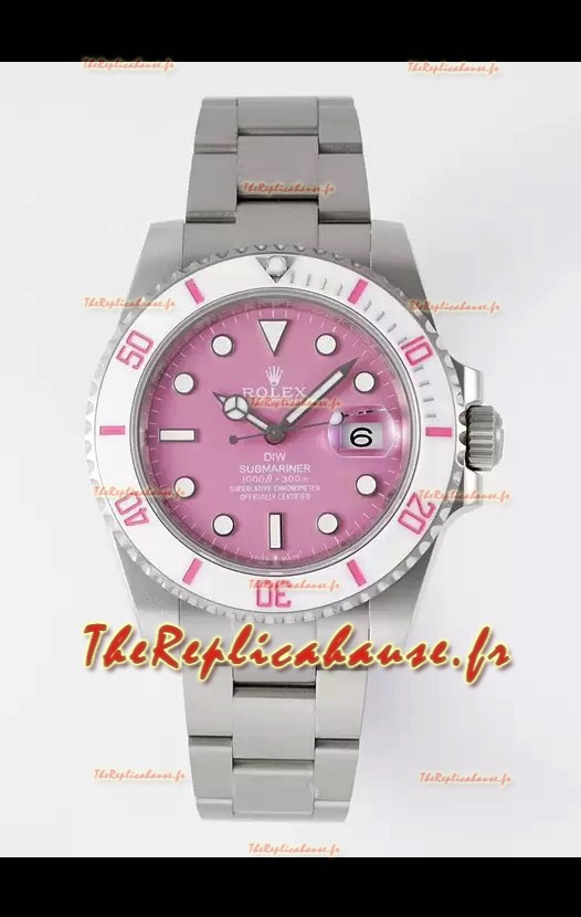 Montre Rolex Submariner DiW Boîtier Acier Inoxydable Lunette Céramique Blanche Cadran Rose Edition 