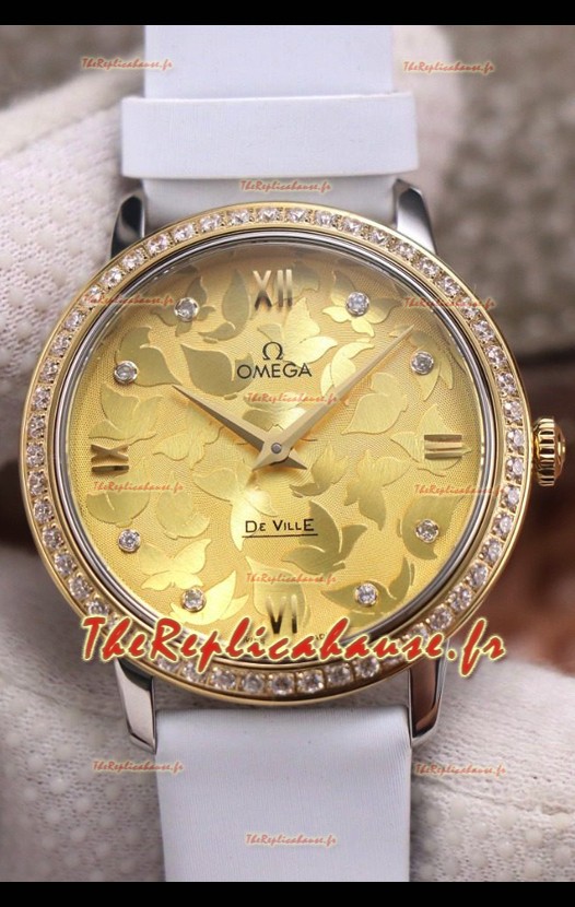 Omega De Ville - Cadran floral Mouvement à quartz suisse dans un boîtier bicolore - Cadran doré