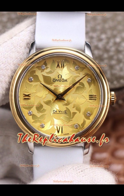 Omega De Ville cadran floral Mouvement à quartz suisse dans un boîtier bicolore - cadran doré