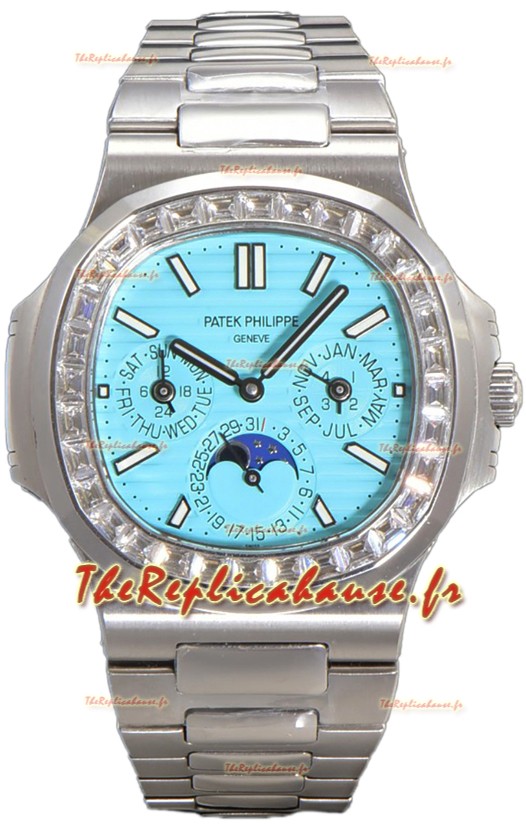 Patek Philippe Nautilus 5740 Quantième Perpétuel Or Blanc Cadran Tiffany Lunette Diamants Réplique Suisse 