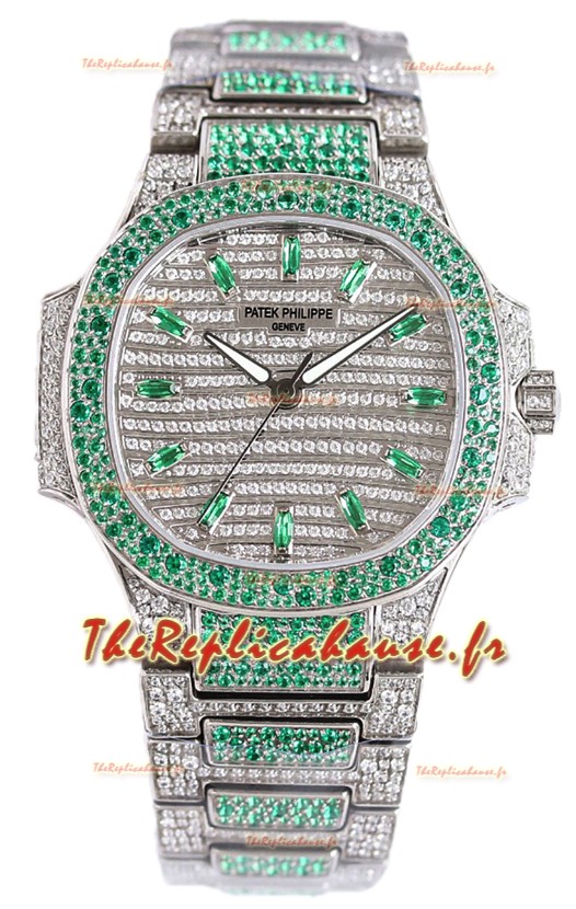 Patek Philippe Nautilus 7118R 35MM 1:1 Montre pavée de diamants verts en boîtier acier