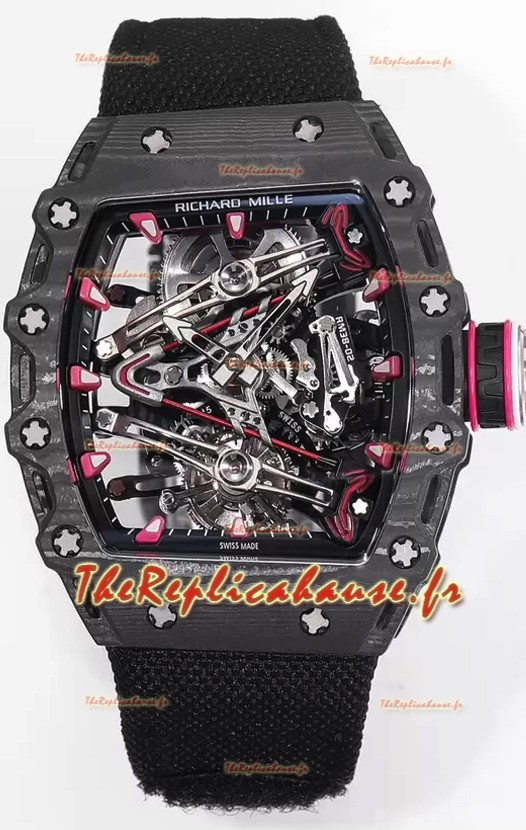 Richard Mille RM38-02 Boîtier carbone Bubba Watson Noir Nylon Mouvement Tourbillon Réplique miroir 1:1 