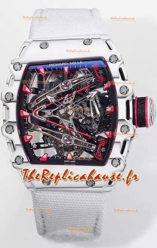 Richard Mille RM38-02 Boitier carbone Bubba Watson Mouvement Tourbillon Nylon Blanc Réplique miroir à l'échelle 1:1
