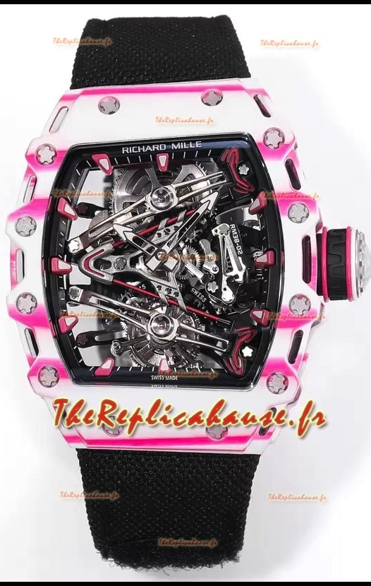 Richard Mille RM38-02 Carbone blanc/rose Bubba Watson Mouvement Tourbillon Nylon noir Réplique miroir 1:1